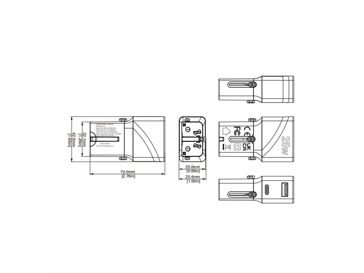VALUE Chargeur de voyage USB avec prise UK/US/Euro, 2 ports, 1x QC3.0 A + 1x C (PD), 25W
