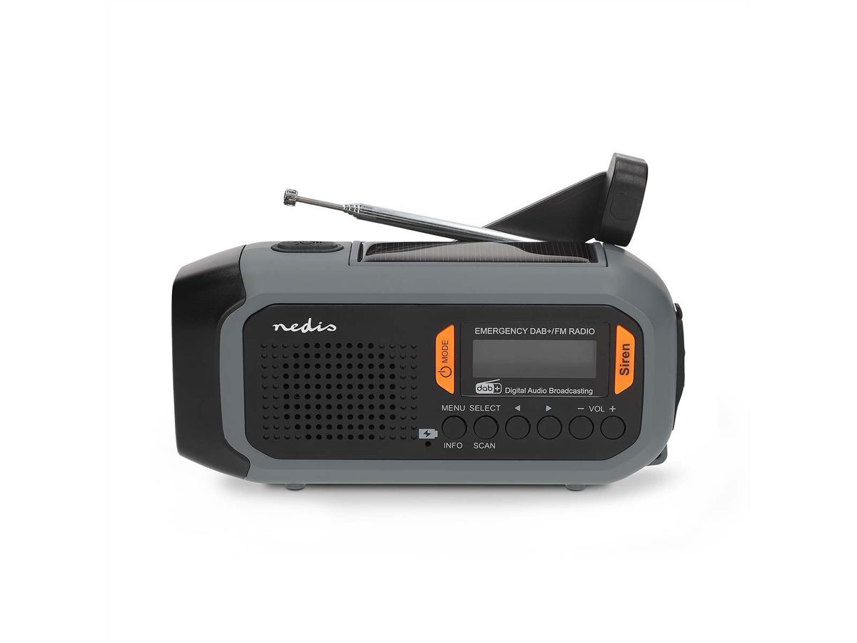 Nedis Notfallradio DAB FM mit Handkurbel Solarpanel und Powerbank, Tragbares Notfallradio fuer Notfaelle, Camping und Outdoor Anwendungen