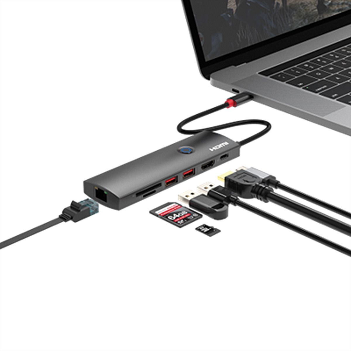 ROLINE USB 3.2 Gen2 Typ C Multiport Dockingstation, HDMI 4K60, USB 3.2 Gen2, USB-C PD, LAN, SD-Card Reader