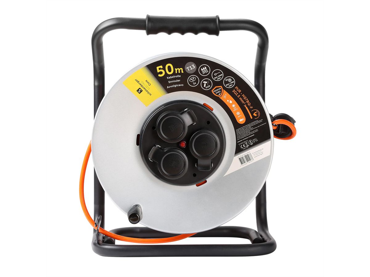 Kabelrolle Metall 3xT13, EPR-PUR H07BQ-F 3G1.5mm2,50m,IK09, orange