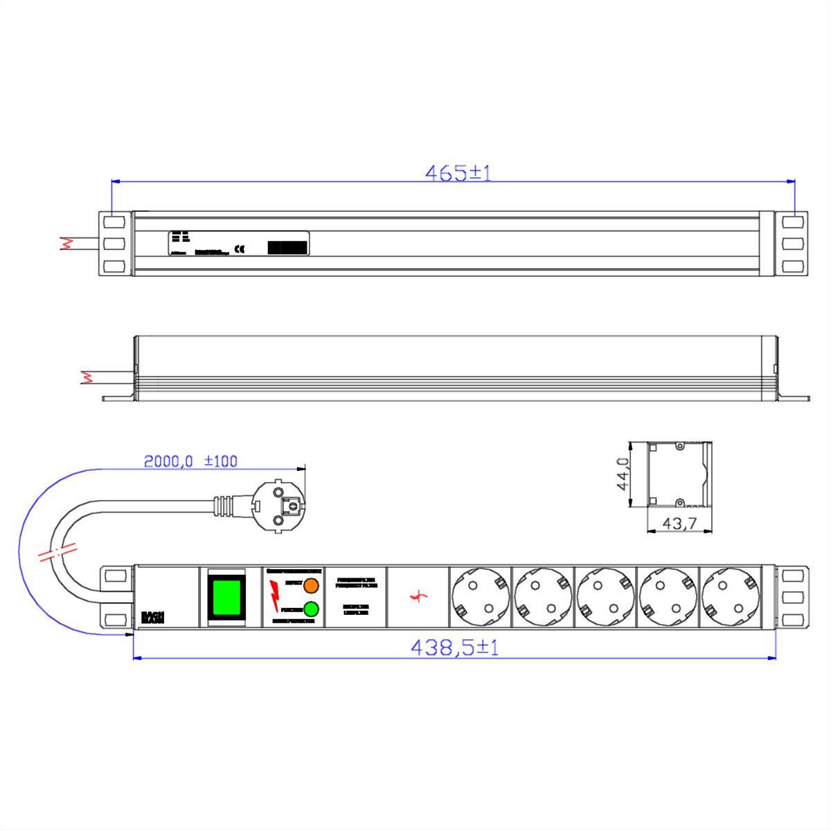 BACHMANN Bâti de prises 19" 5x avec GVS avec interrupteur