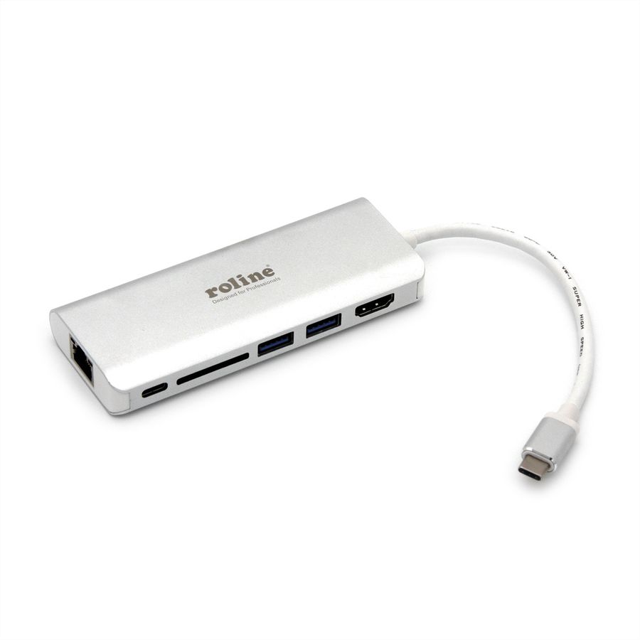ROLINE Dockingstation USB-C, HDMI 4K, USB, SD/MicroSD, Gigabit Ethernet