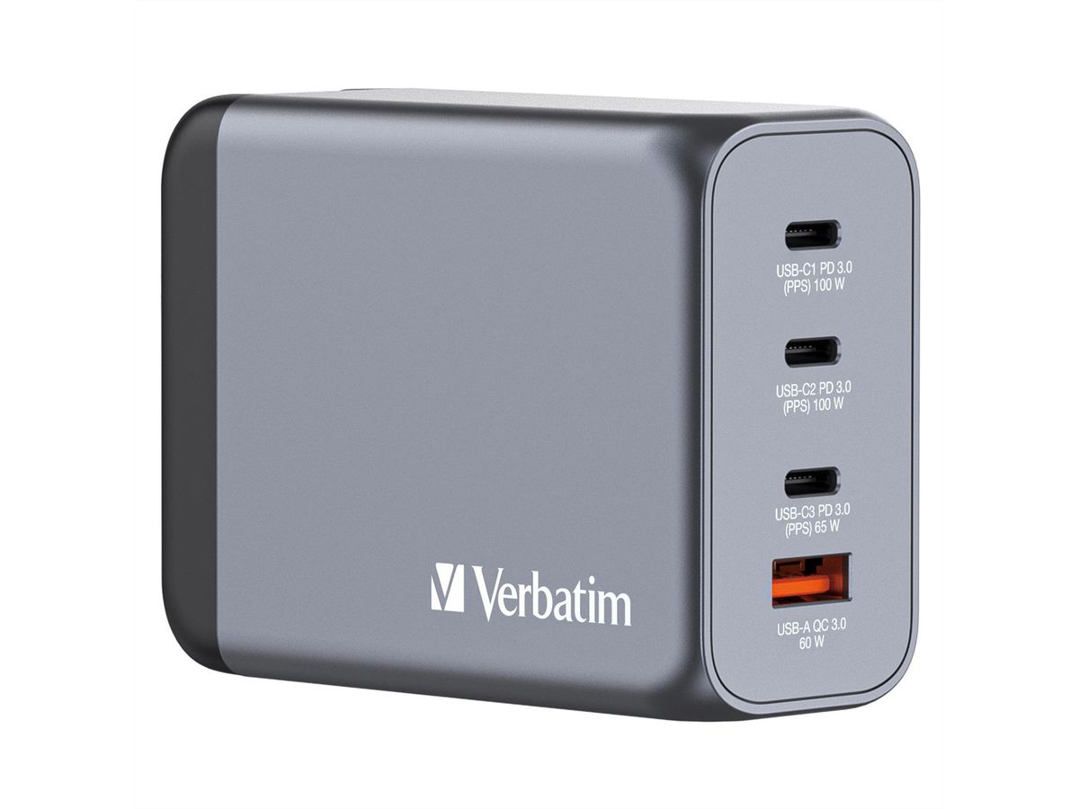 Verbatim GaN 4 Port Charger 200W, 3x USB-C, 1x USB-A, EU+UK Adapter