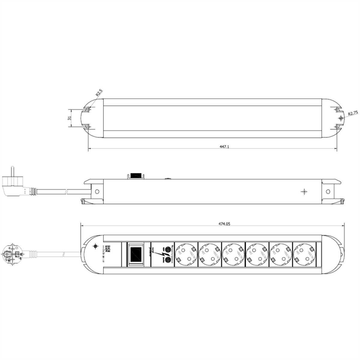 BACHMANN PRIMO Steckdosenleiste, 6x Schutzkontakt, Überspannungsschutz, Aluminium, Schalter, 1,75 m