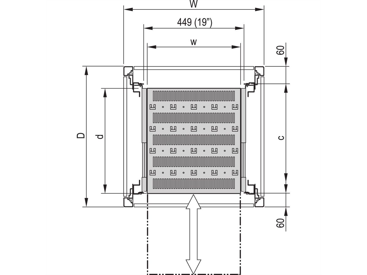 SCHROFF 19''- / Gestell- Fachboden ausziehbar, volle Tiefe - 19"FA AUS 2HE C=500 VOL 7021