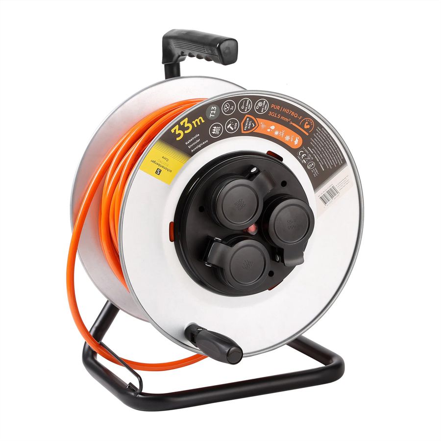 Enrouleur de câble métallique 3xT13 , EPR-PUR H07BQ-F 3G1.5mm2,33m,IK09 , orange