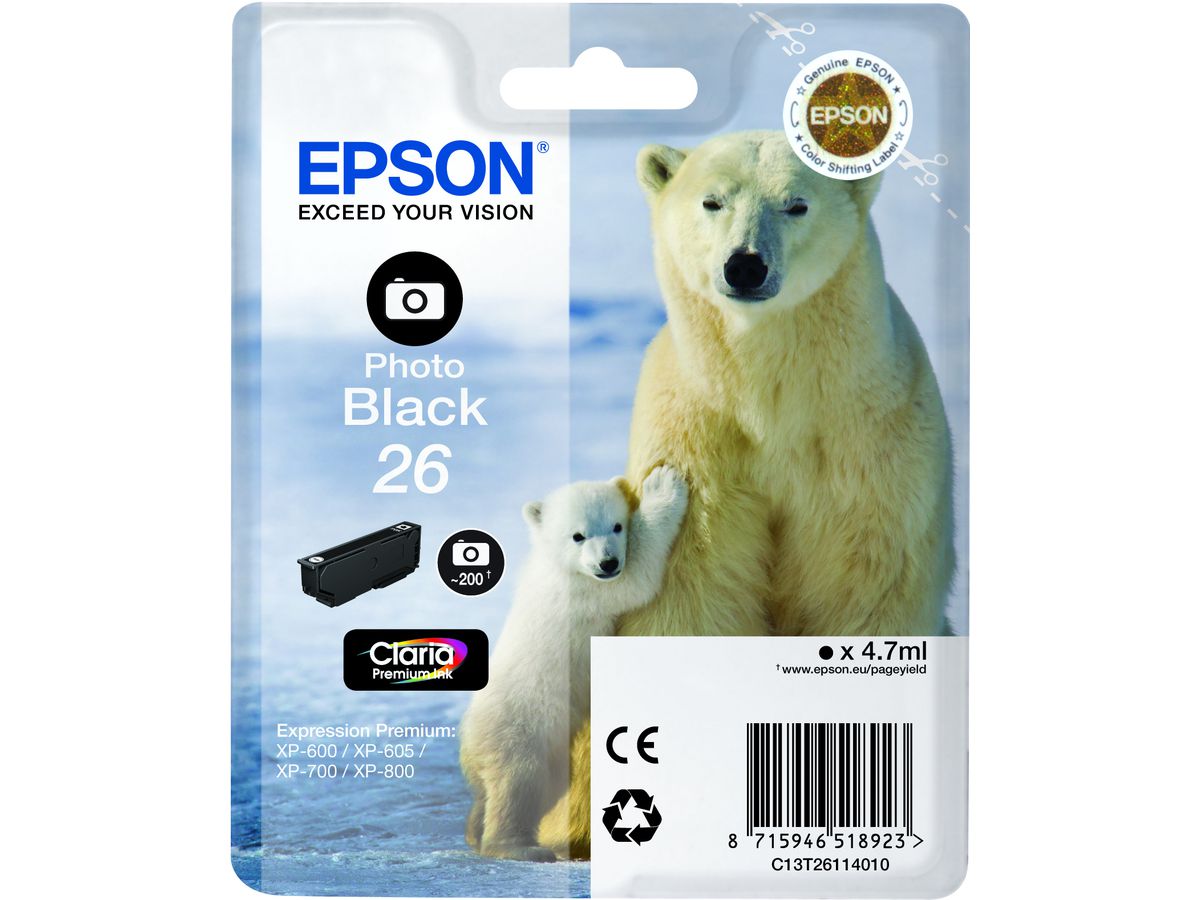 Epson Polar bear Singlepack Photo Black 26 Claria Premium Ink