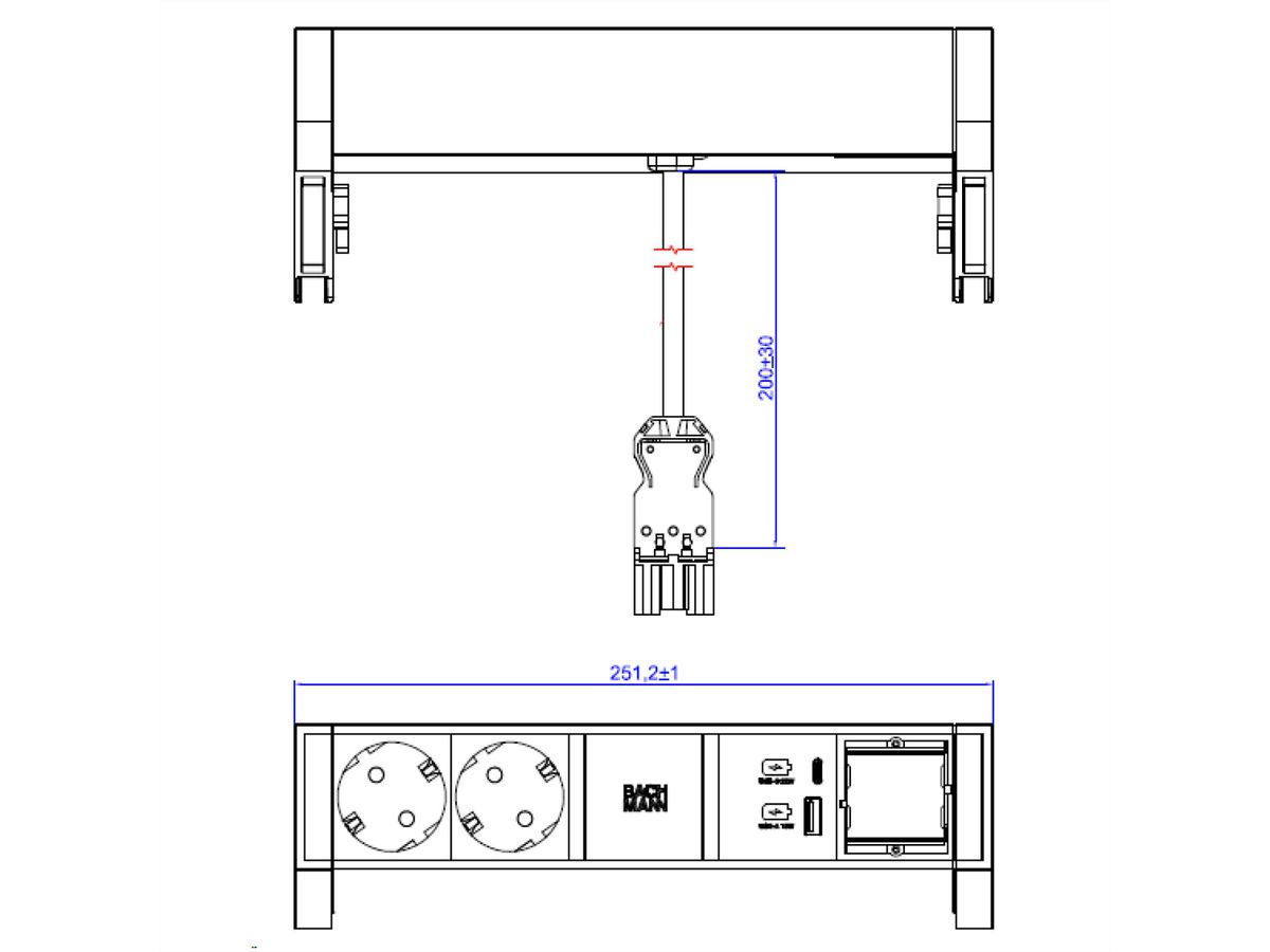 BACHMANN DESK2 white 2xCEE7/3 1xCM 1xUSB A/C 22W 0,2m GST18