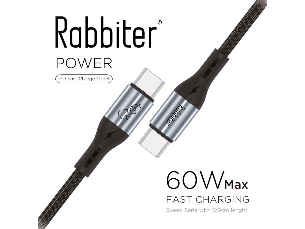 Rabbiter Power USB-C Kabel, 60W, 1.2m - 10Stk., schwarz, 1,2 m
