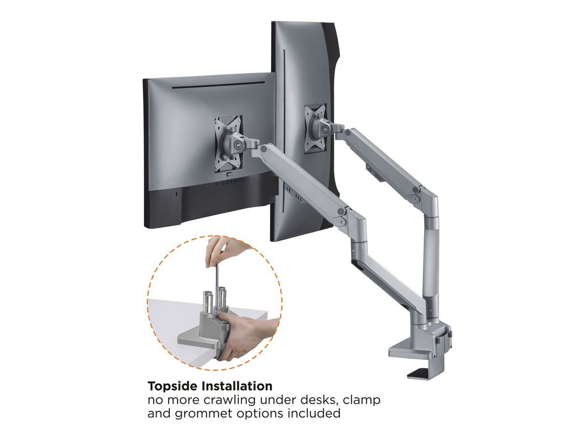 ROLINE LCD-Doppelarm, Tischmontage, Gasfeder, 5 Gelenke, 17-32 Zoll, bis 2x 9 kg, silberfarben