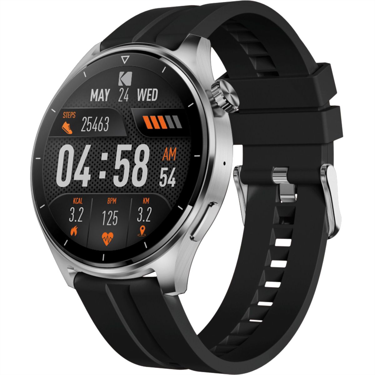 Kodak Smart Watch SW-7202, Boîtier argenté et bracelet noir