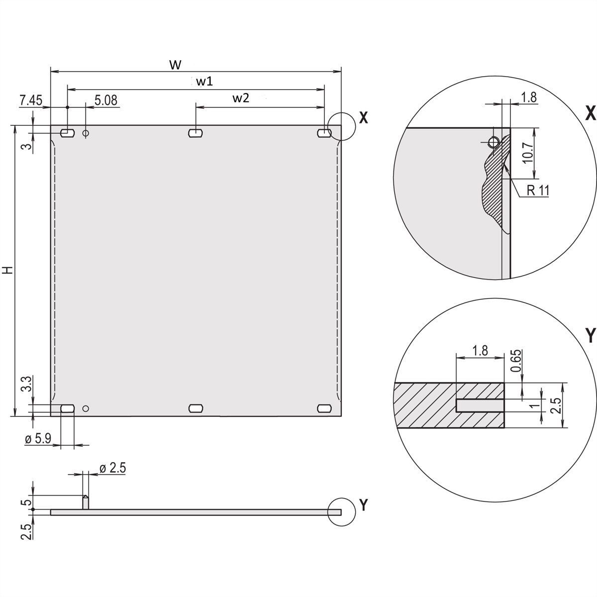 SCHROFF Face avant, plate, avec fente pour joint CEM en acier inoxydable, 4 U, 42 CV, 2,5 mm, alu