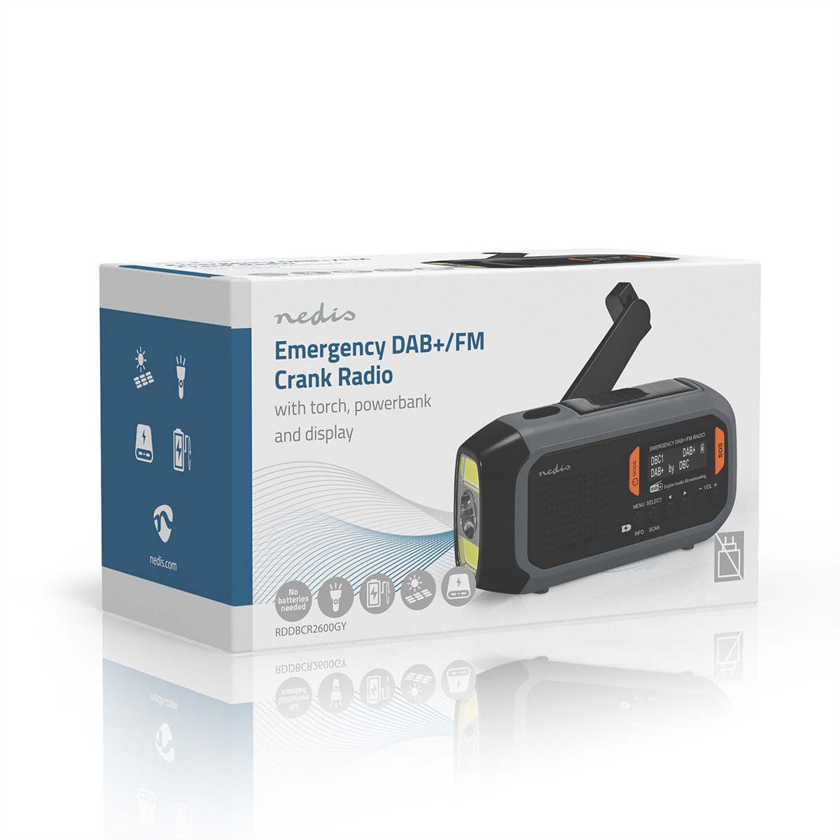 Radio d'urgence Nedis DAB FM avec manivelle, panneau solaire et batterie externe, Radio d'urgence portable pour les situations d'urgence, le camping et les activités de plein air