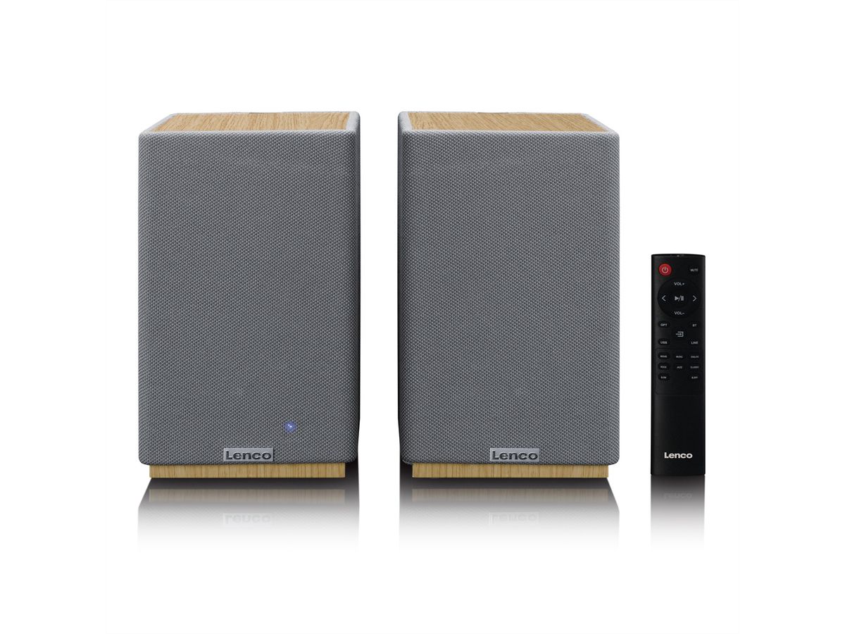Lenco Aktiv Lautsprecher, 2x40W, Wood,, BT, opt.In, USB, AUX, SUB-Out, IR-FB.