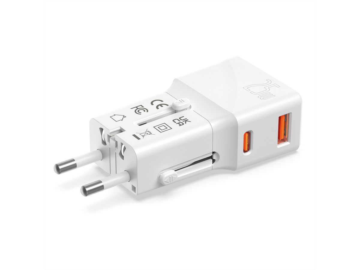 VALUE Chargeur de voyage USB avec prise UK/US/Euro, 2 ports, 1x QC3.0 A + 1x C (PD), 25W