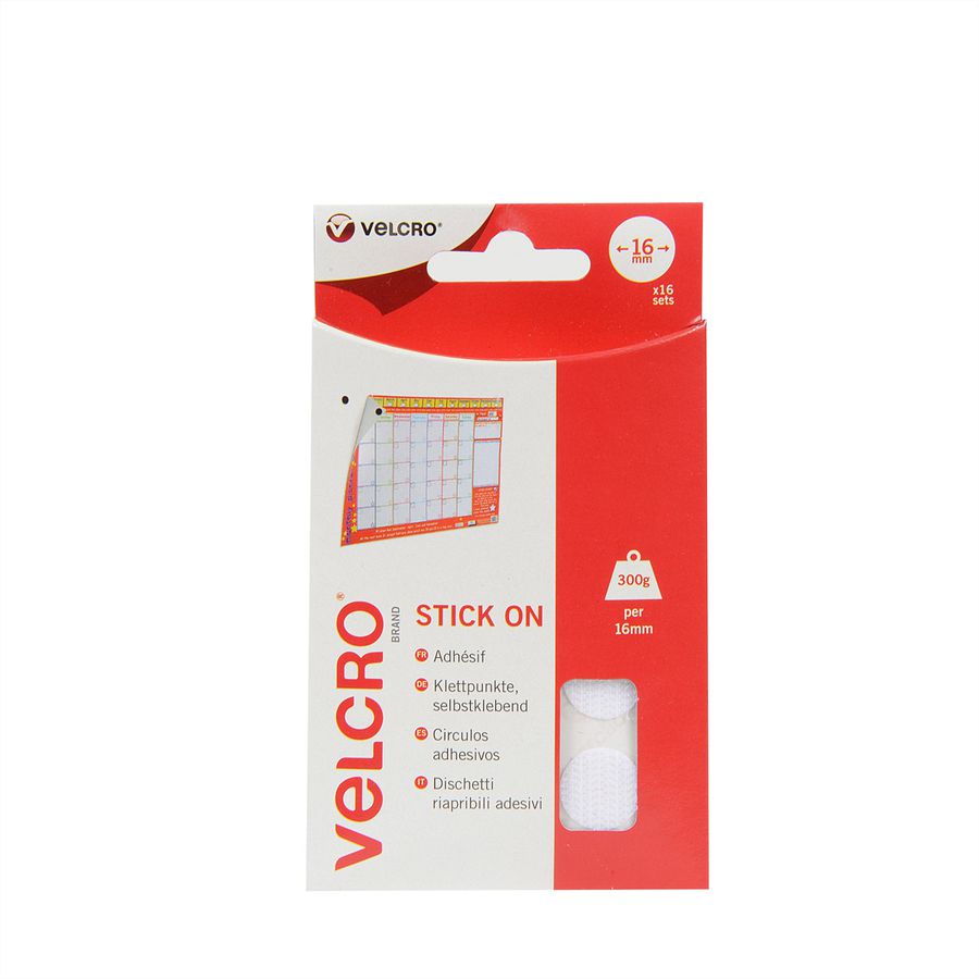 VELCRO® Boutons ronds 16mm x 16 blancs, crochets & velours autocollants