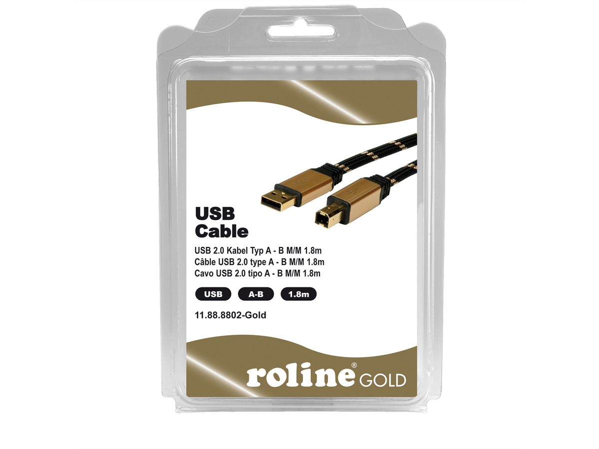 ROLINE GOLD USB 2.0 Kabel, Typ A-B, Retail Blister, 1,8 m