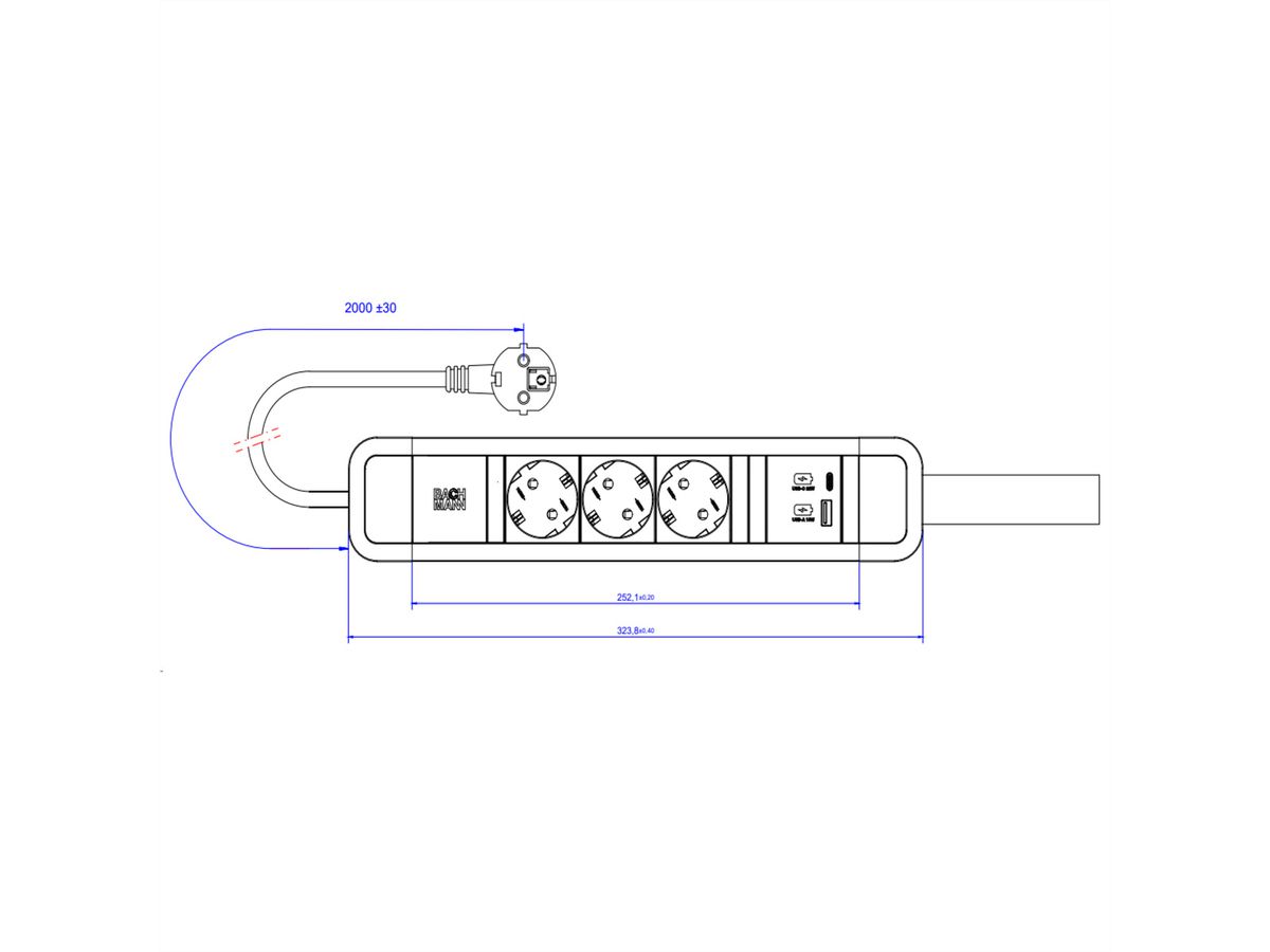 BACHMANN PRIMO 2 3xCEE7/3 1xUSB A/C 22W mit Schlaufe 2,0m CEE7/7
