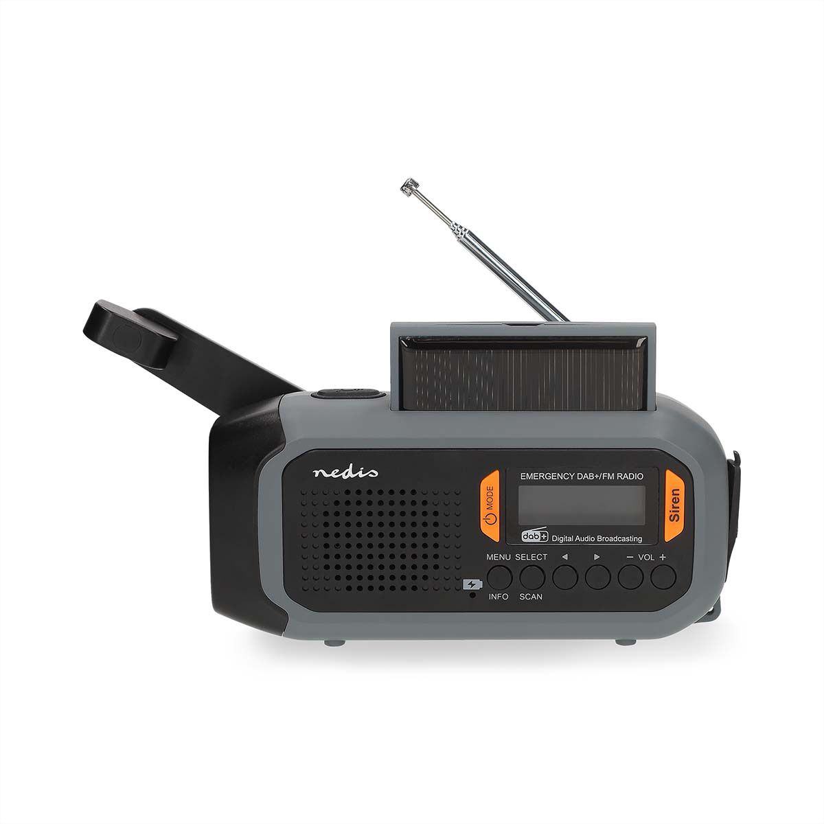 Radio d'urgence Nedis DAB FM avec manivelle, panneau solaire et batterie externe, Radio d'urgence portable pour les situations d'urgence, le camping et les activités de plein air