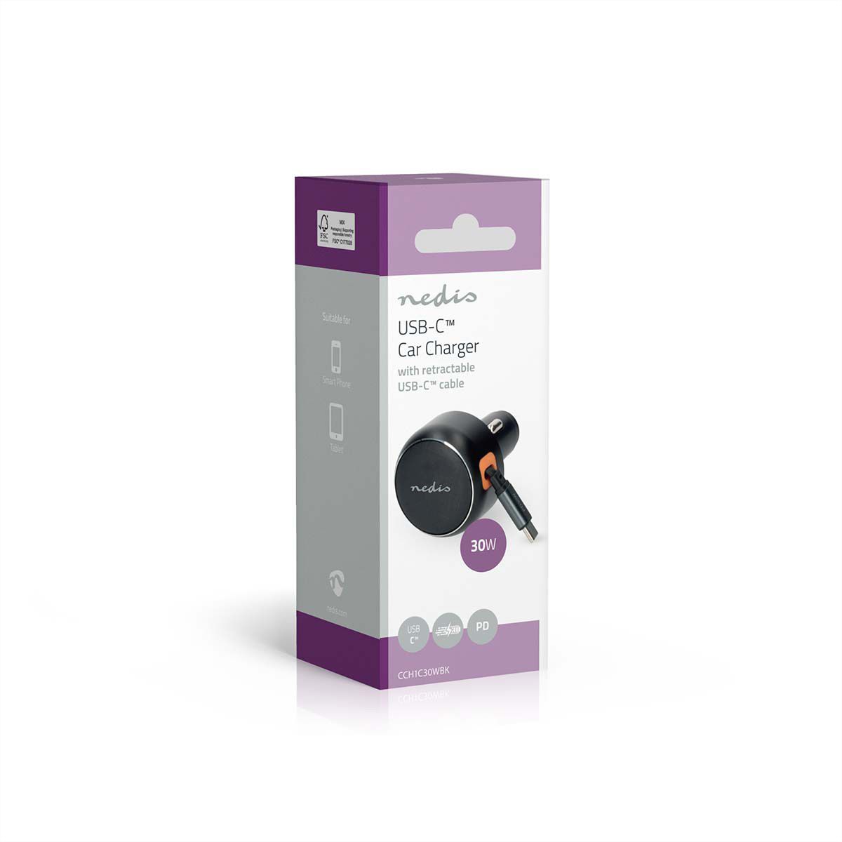 Nedis Auto-Ladegerät – 30 W mit aufrollbarem USB-C-Kabel, car charger 30W - Dunkel Grau