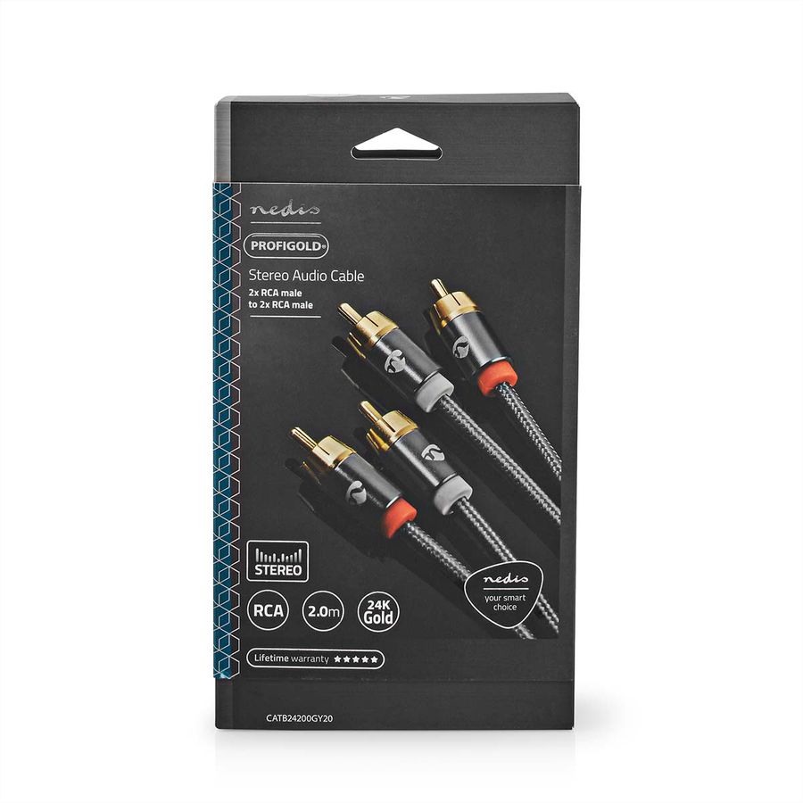 Câble audio stéréo Nedis, 2x RCA, ST/ST, gris, 2 m