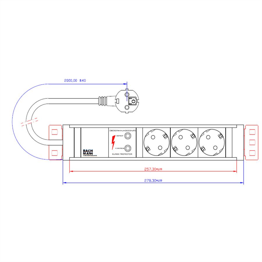 BACHMANN CONNECT LINE 3x contact de protection, Mesure p.Ph.H05VV-F 3G2,5 CEE 16A Lan