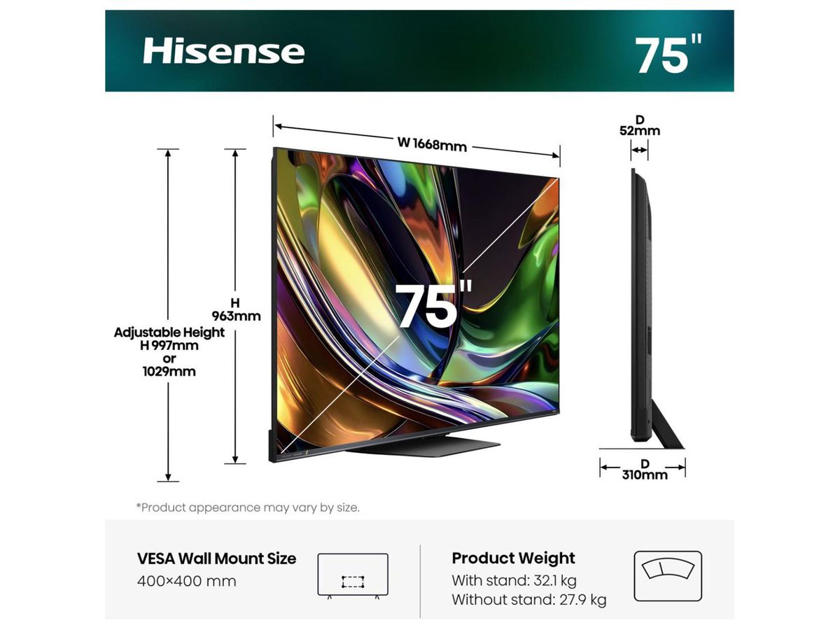 Hisense TV 75UR8DS 75", RGB Mini LED 4K, 180Hz, 3500 Nits