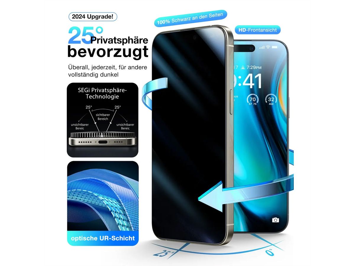 Torras Install Master Displayschutz, Privacy, iPhone 16 Pro, transparent