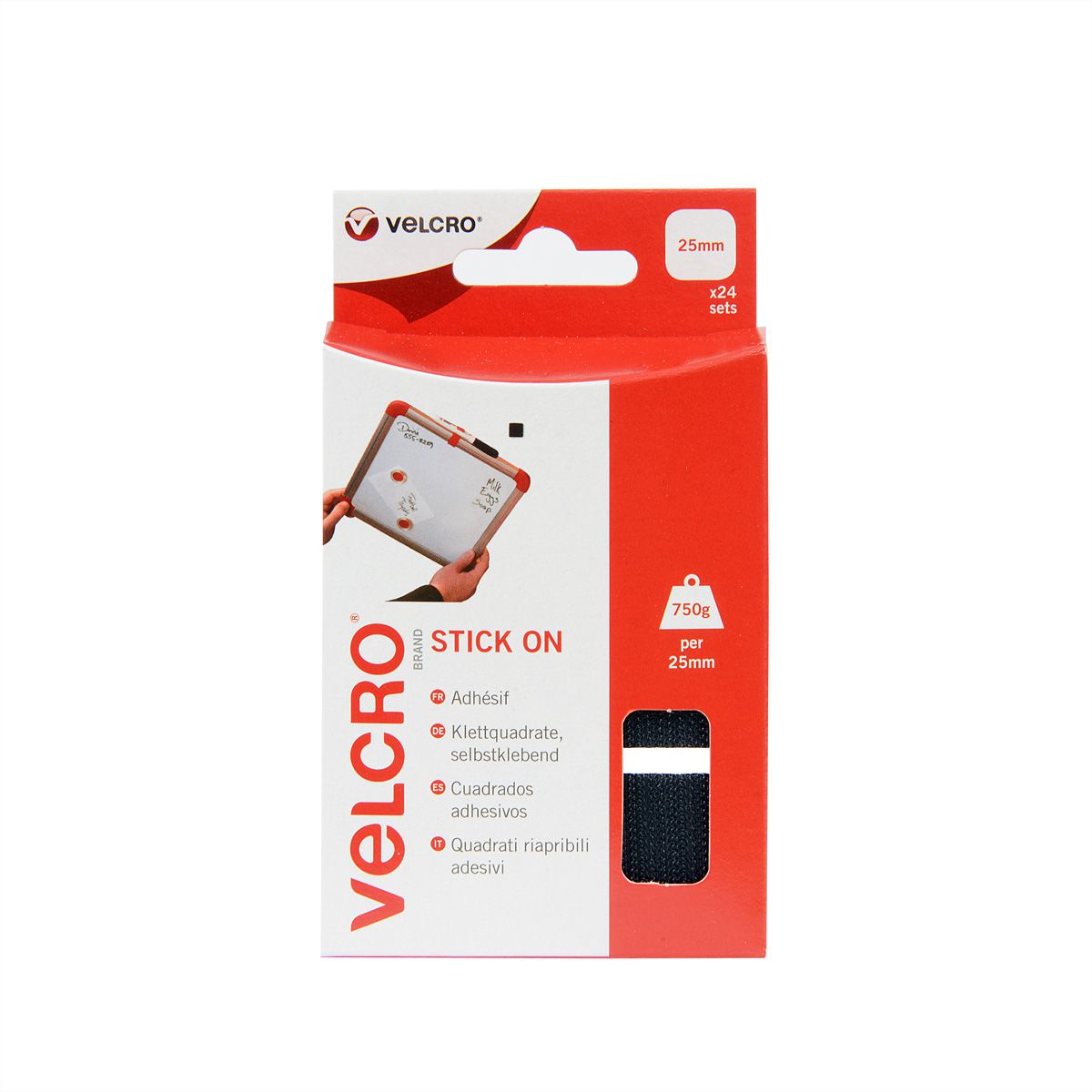 VELCRO® Boutons carrés 25x25mm x 24 noirs, crochets & velours autocollants