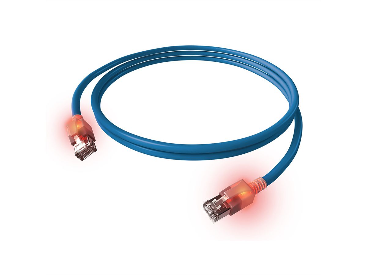 EasyLan DualBoot LED Patchkabel RJ45 S/FTP Kat.6A (Class EA), mit saCon Stecker, LSOH, blau, 0,5 m
