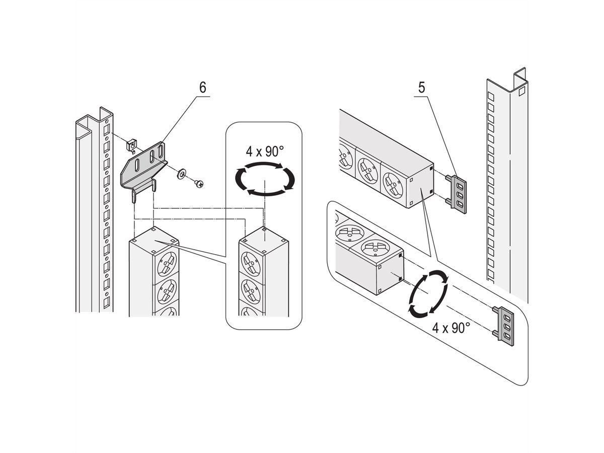 Bâti de prises SCHROFF, IEC C13, avec entrée Wieland®, C13, 6 prises, 19", blanc, avec protection contre les surintensités