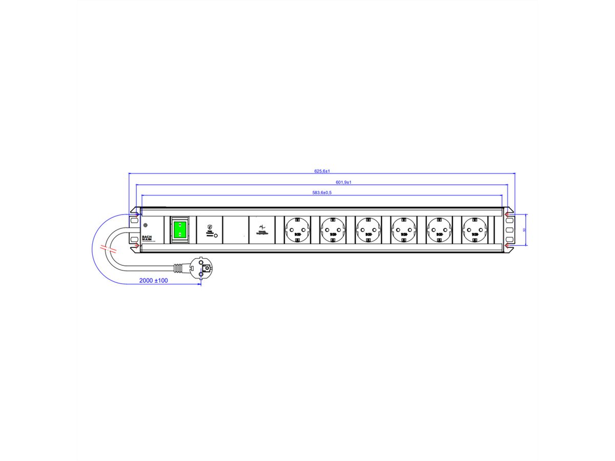 BACHMANN Multiprise 6xCEE7/3 1xGVS-Plus 1xinterrupteur 2,0m