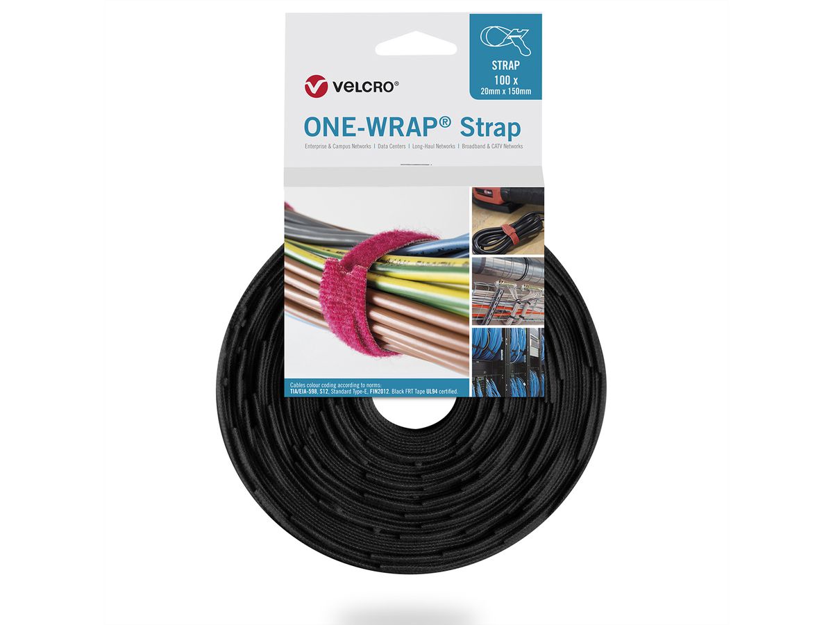 VELCRO® One Wrap® Strap 20mm x 230mm, 100 pièces, ignifugé, noir