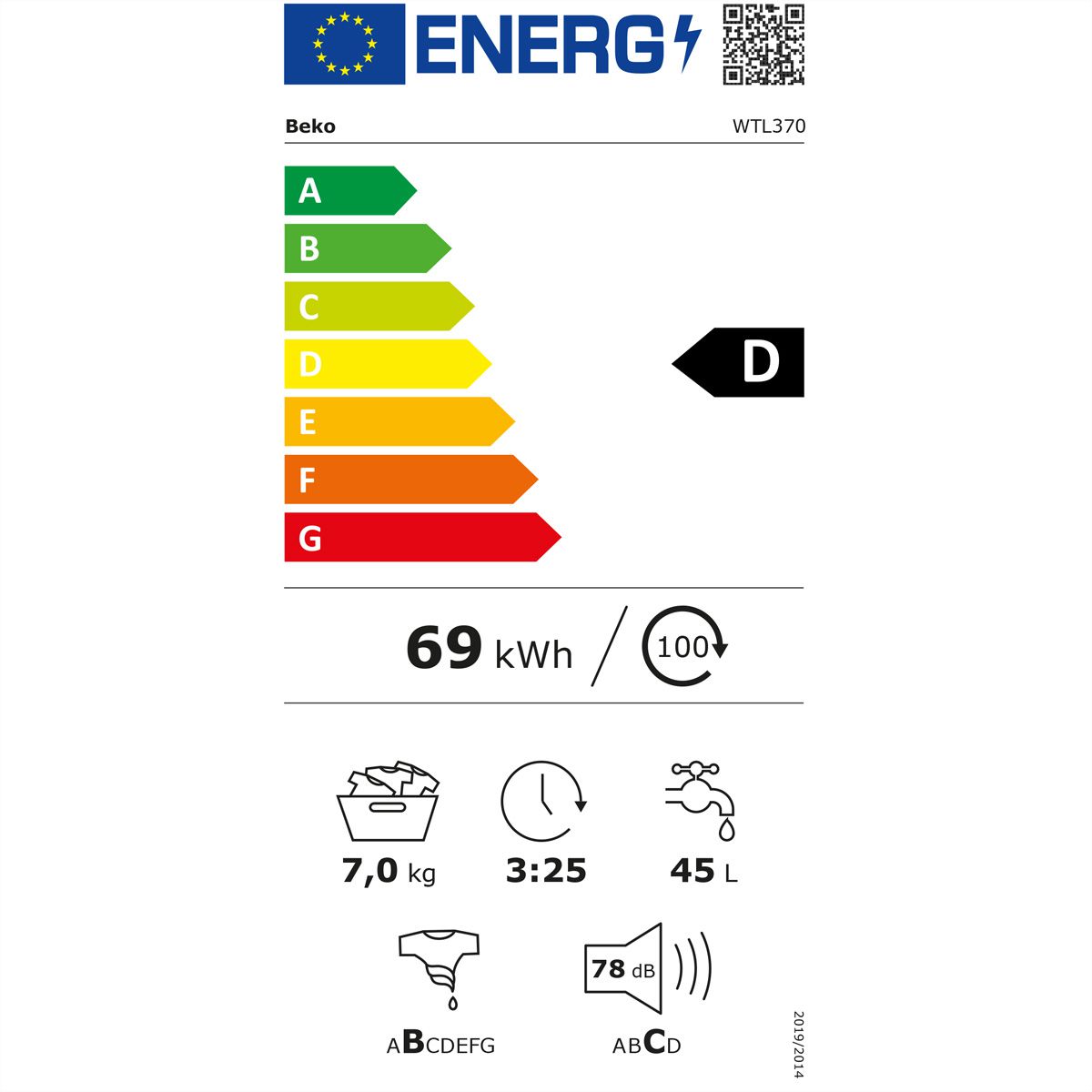 Beko Lave-linge WTL370, Toplader, 7kg, D