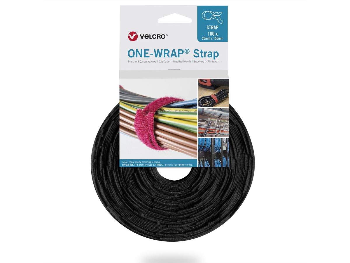 VELCRO® One Wrap® Strap 25mm x 300mm, 100 pièces, ignifugé, noir