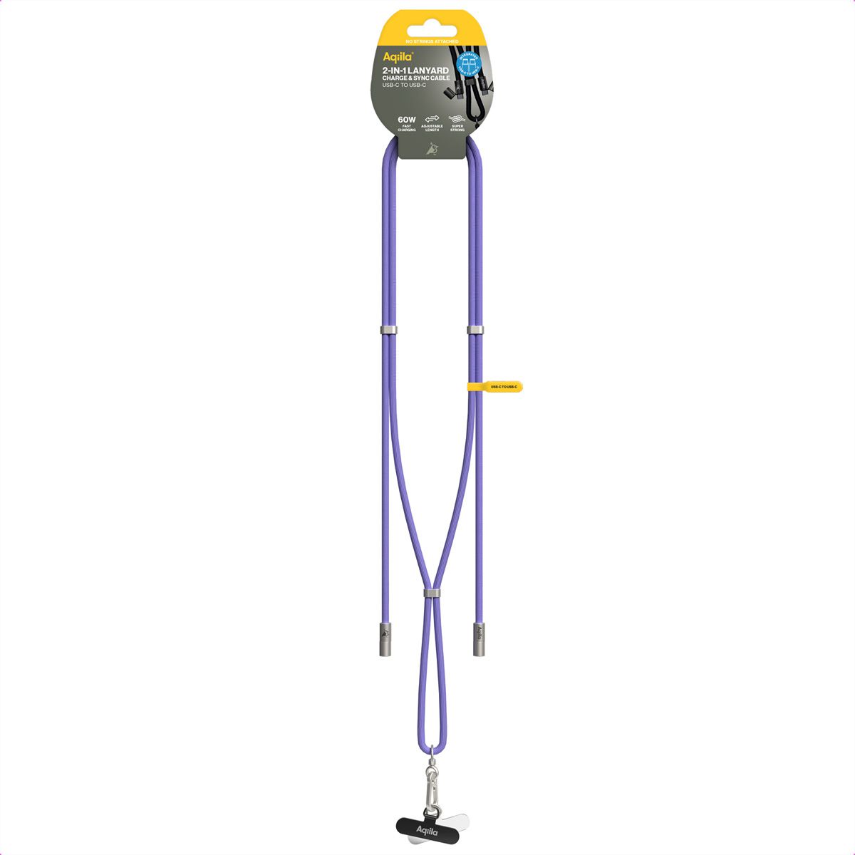 Câble de recharge et de synchronisation Aqiila Lanyard CC4, 60 W, type C vers type C, violet