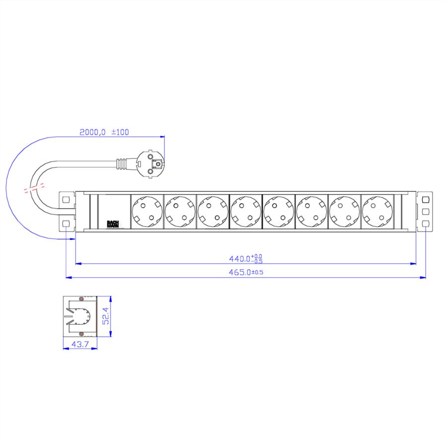BACHMANN Bloc multiprise PVC 19'' 8x contact de protection, Mesure p.Ph.3m H05VV-F 5G2,5 CEE 3x16A