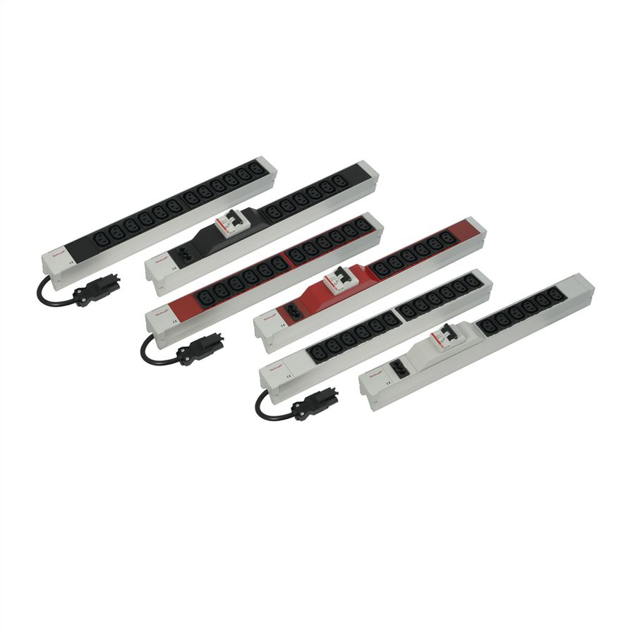 Bâtis de prises SCHROFF, IEC C13, avec entrée Wieland®, C13, 6 prises, 19", noir, protection contre les surintensités