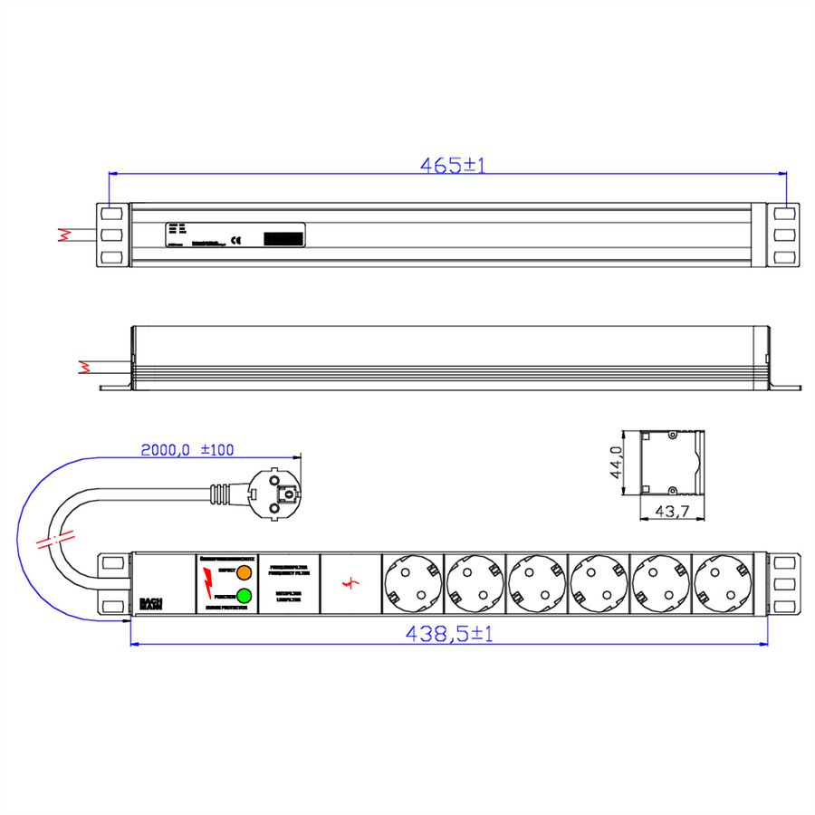 BACHMANN Bâti de prises 19" 6x avec GVS sans interrupteur