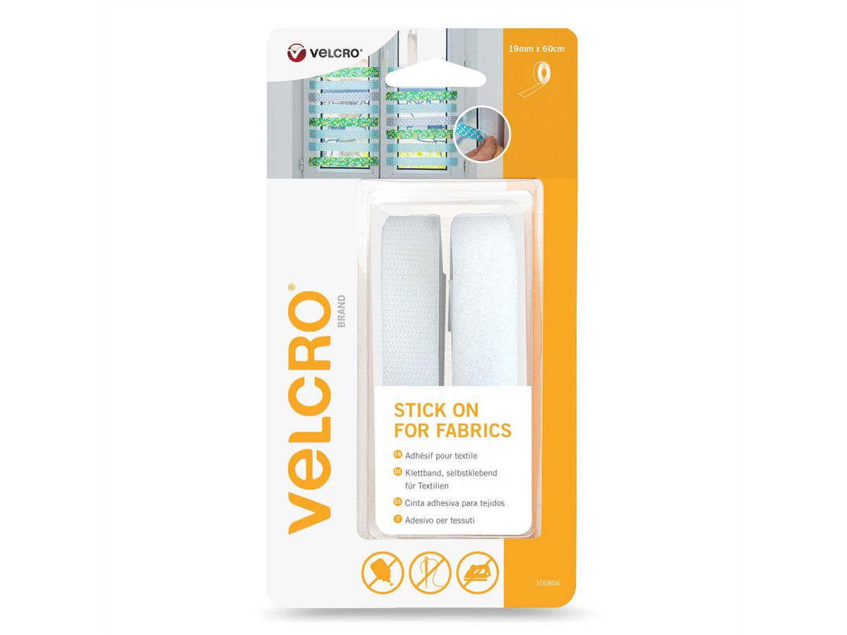 VELCRO® Pour textiles 19x600mm blanc, bande à coller crochets & velours