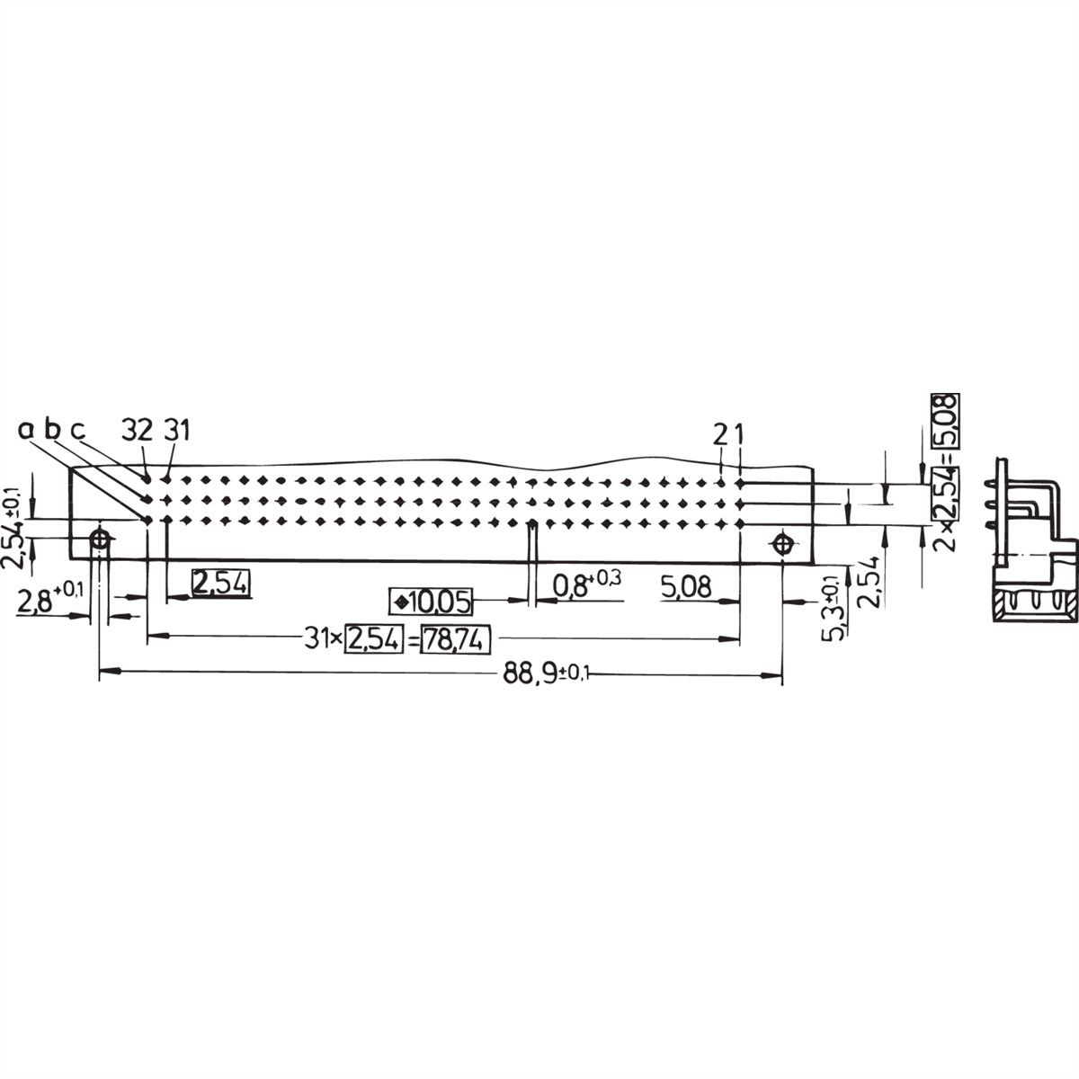 Connecteur SCHROFF de type C, EN 60603, DIN 41612, mâle, 32 contacts, broches à souder, 3 mm