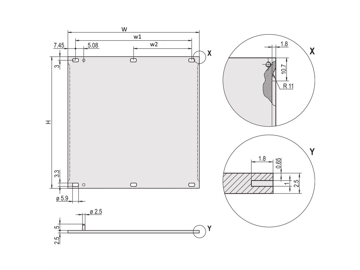 SCHROFF Face avant, Refrofit Shielding, 3 U, 63 HP, 2,5 mm, alu, anodisé, bords non traités