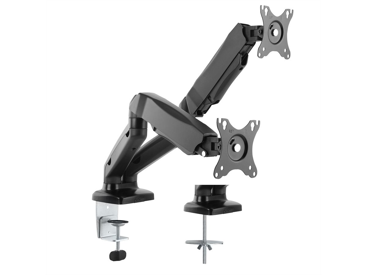 VALUE Dual LCD-Arm, Tischmontage, Gasfeder, 5 Gelenke, 12-27 Zoll, bis 2x 6,5 kg, schwarz