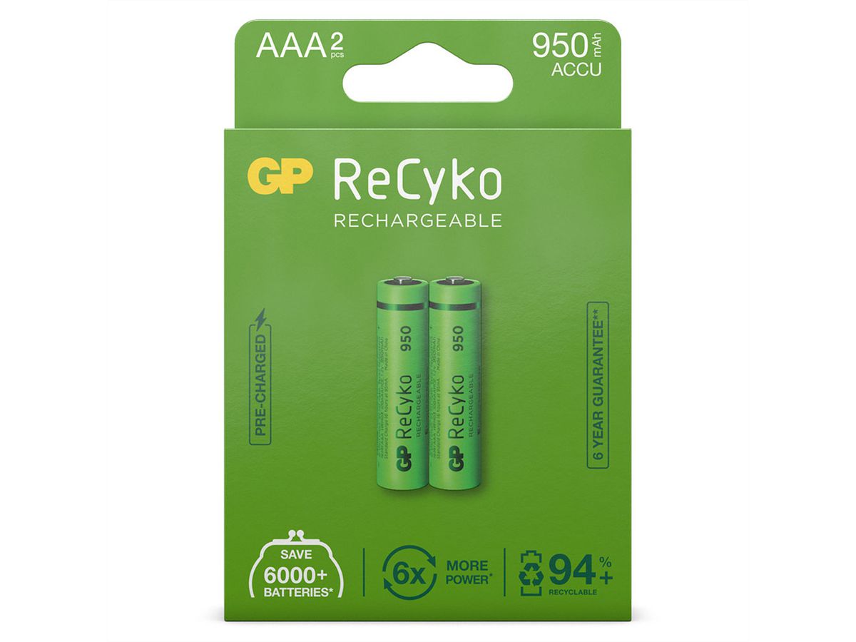 GP Batteries RECYKO+, HR03, 2x AAA, Micro, Akkus, 950mAh