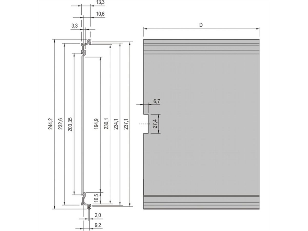 Cadre SCHROFF, type unité enfichable, panneau latéral extrudé, 6 U, 220 mm, droite