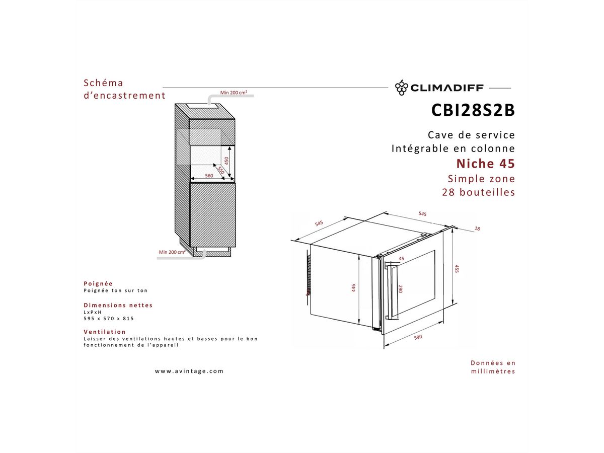 Climadiff Armoire à vin CBI28S2B, Autonome, 1 zone, 28 bouteilles
