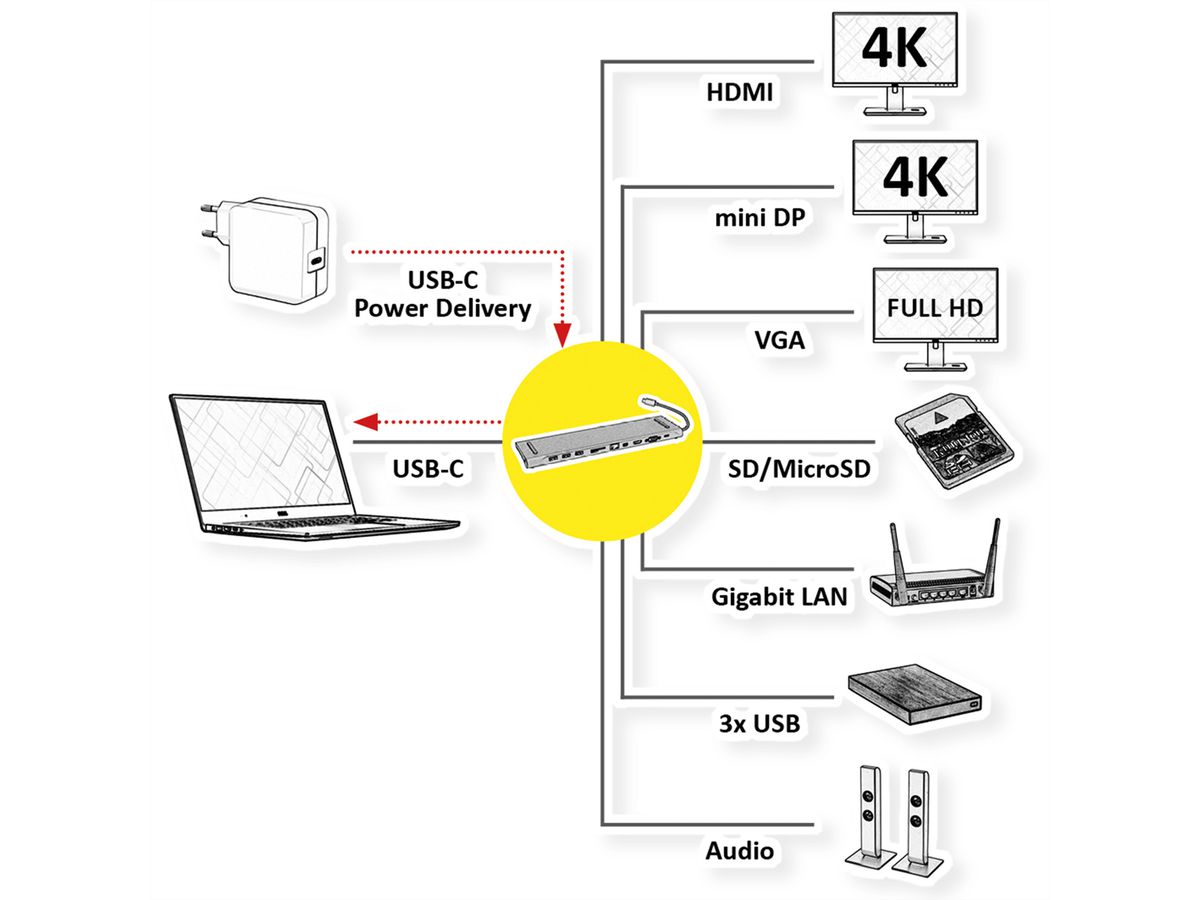 ROLINE USB 3.2 Gen 2 Typ C Multiport Docking Station, 4K HDMI/Mini DP, VGA, USB, Card Reader, PD, LAN, Audio