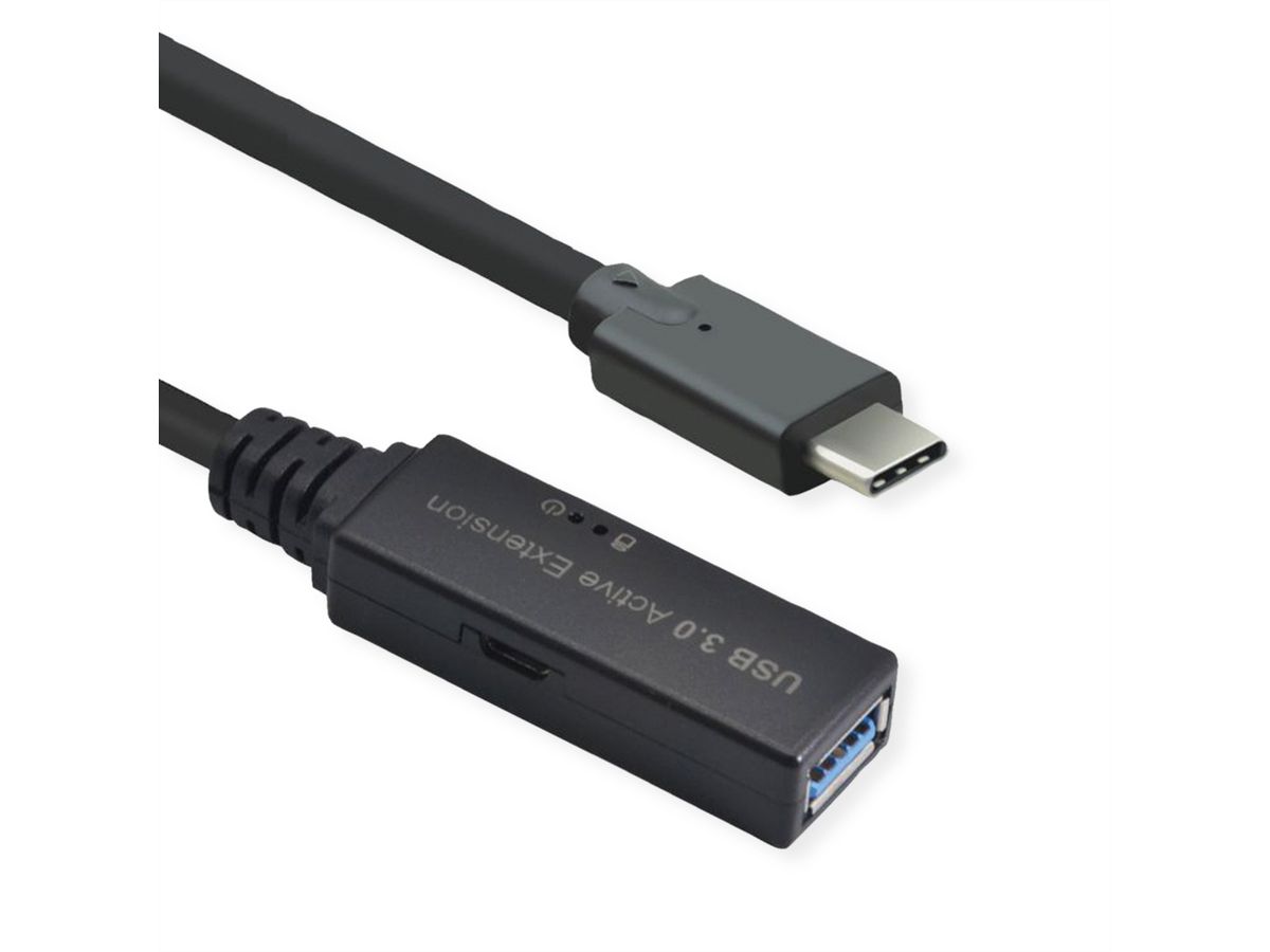 ROLINE USB 3.2 Gen 1 Aktives Repeater Kabel, Typ A - C, schwarz, 15 m