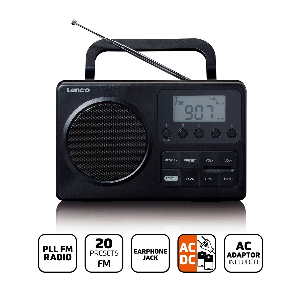 Radio FM compacte Lenco MPR-035BK, FM, 20 présélections, LCD