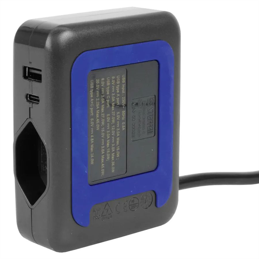 Steffen station de charge IQ simple, 1xT13 + 1xUSB-A 36W + 1xUSB-C PD 45W, noir, 1.5m